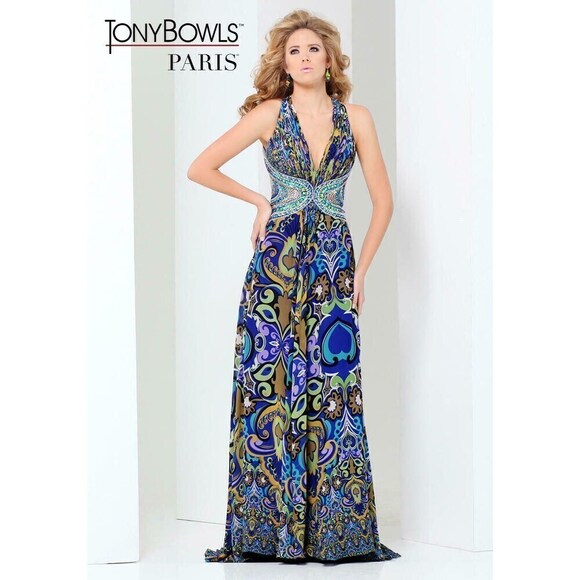 Tony Bowls Paris Print Chiffon Prom Dress 115750 Royal/Multi - Picture 1 of 11